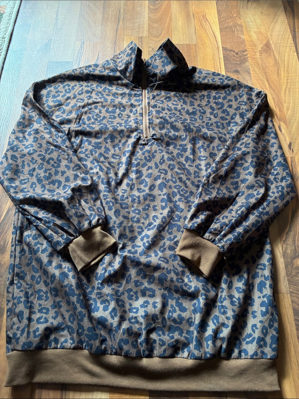 SHEIN Brown and Blue Leopard Half-Zip Pullover